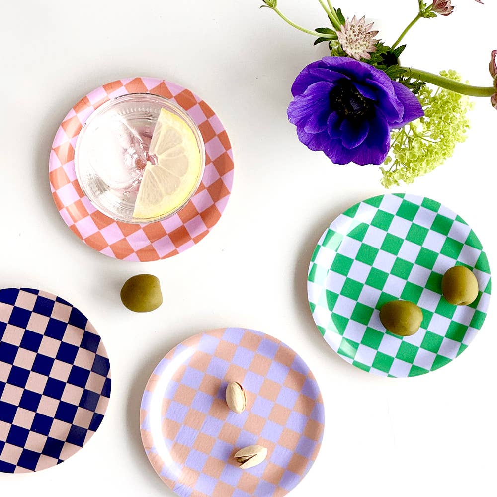BLU KAT - CHECKER Untersetzer Set (4 Stück) | Bunt - ROSA ECK - Grün, Holz, Lila