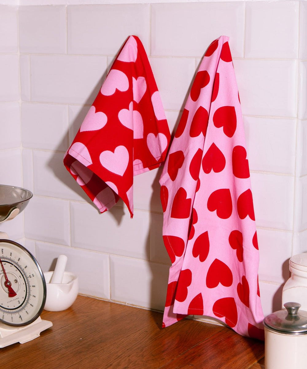DOIY - LOVE Set mit 2 Geschirrtüchern - ROSA ECK - Herz, Rosa, Rot