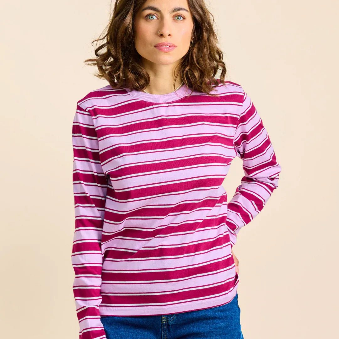 popeia - Langarmshirt Gestreift aus Bio - Baumwolle • Aubergine/Pink - ROSA ECK