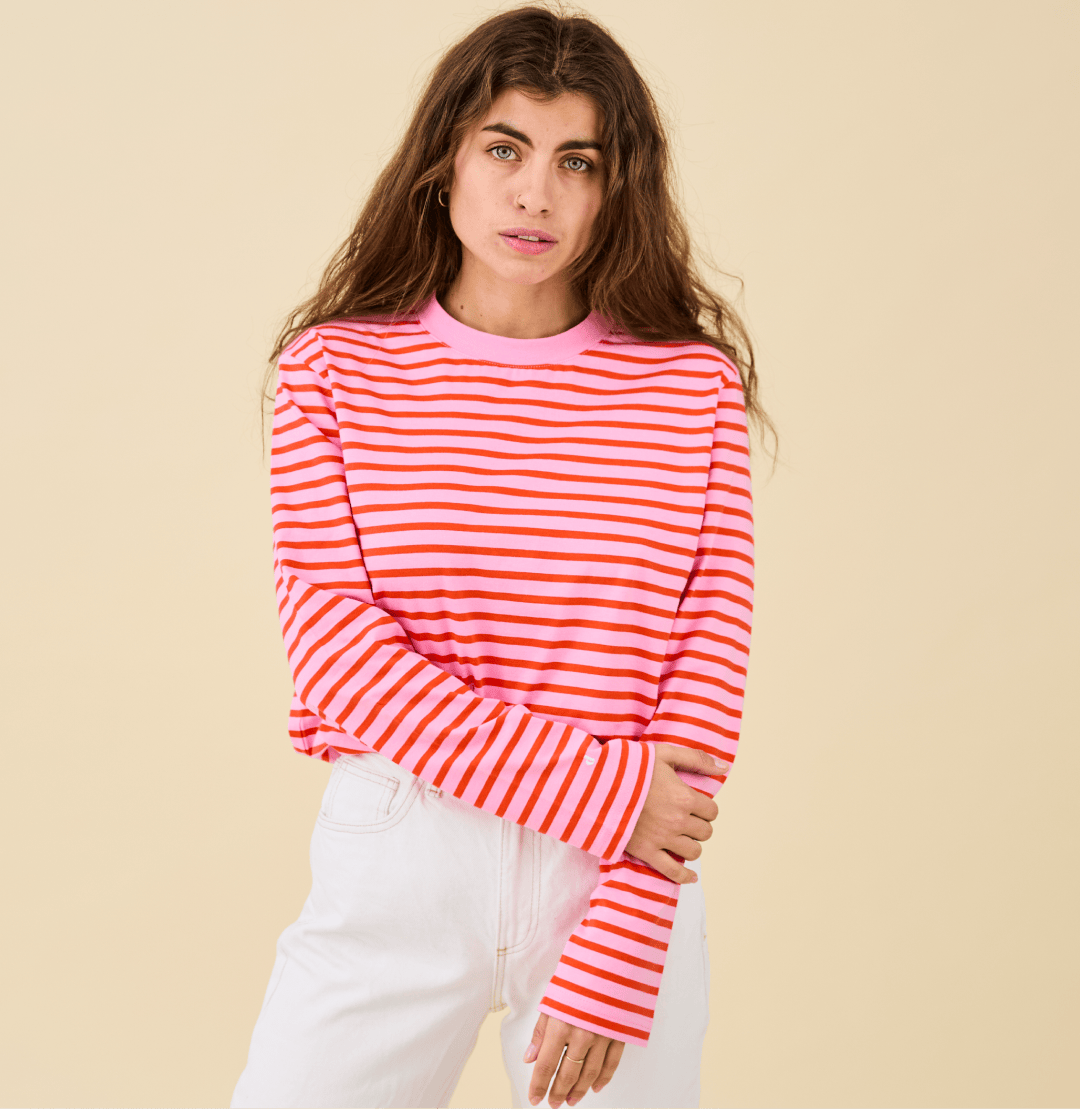 popeia - Langarmshirt Gestreift aus Bio - Baumwolle | Pink/Rot - ROSA ECK - Pink, Rot, Streifen