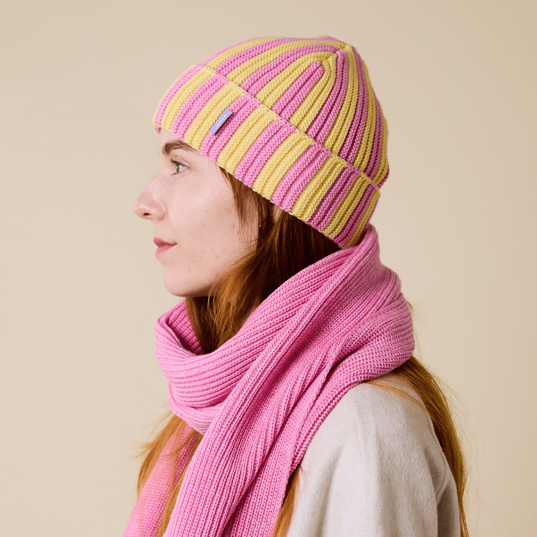 popeia - Special Beanie aus Merinowolle | Hellgelb/Pink - ROSA ECK - , ,