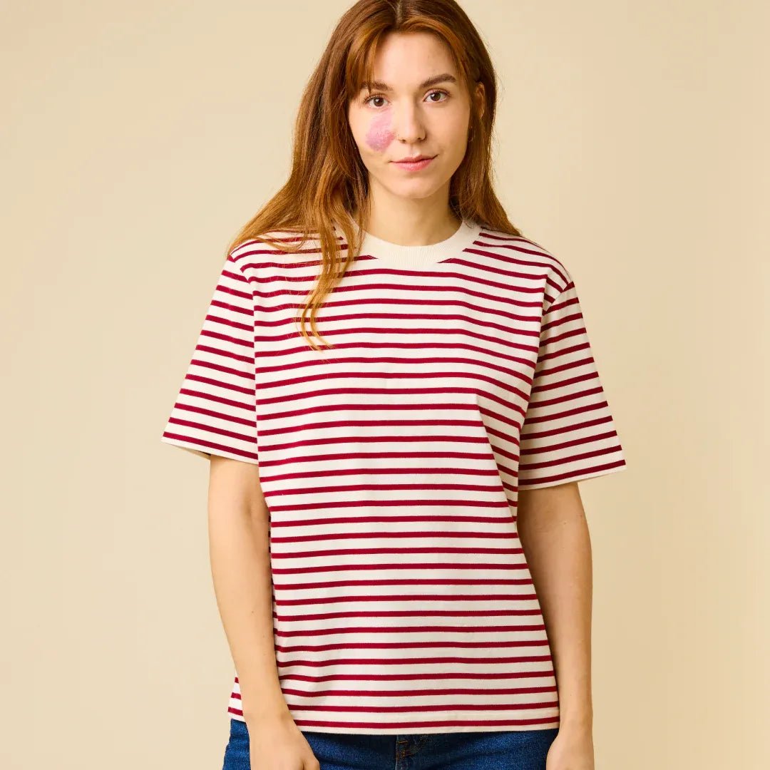 popeia - T-Shirt Gestreift aus Bio - Baumwolle | Bordeaux/Off - White - T-Shirt - ROSA ECK Concept Store