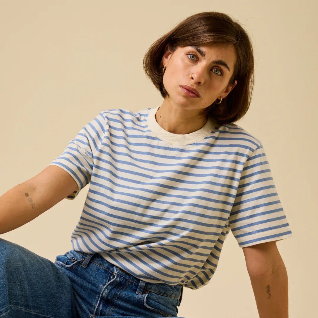 popeia - T-Shirt Gestreift aus Bio - Baumwolle | Eisblau/Off - White - T-Shirt - ROSA ECK Concept Store